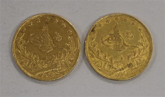Two Turkish 100 Kurush gold coins, 14.4g gross